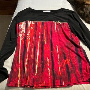 Calvin Klein Black Long-Sleeve Top with Red Printed Front Panel